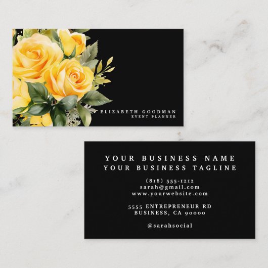 バラエレガントイエローブラックフラワーズビジネスカード 名刺 (正面/裏面)