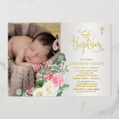 バラエレガントガーデン – ガールフォトバプテスマ – 金ゴールド 箔招待状 (正面)