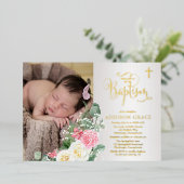 バラエレガントガーデン – ガールフォトバプテスマ – 金ゴールド 箔招待状 (立ち正面)