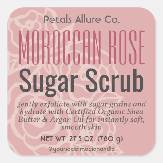 バラエレガントコーラルピンクフローラスガクラブラベル スクエアシール (正面)