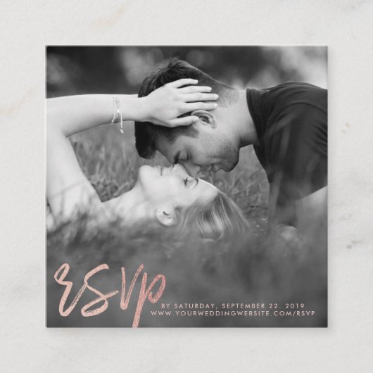 バラエレガントゴールドフォイルのスクリプトフォトRSVP エンクロージャーカード (正面)
