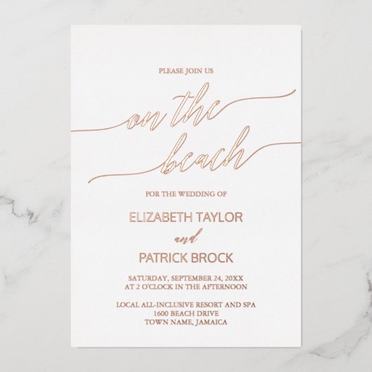 バラエレガントゴールドフォイルオンザビーチ結婚式 箔招待状 (正面)