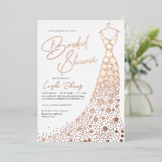 バラエレガントゴールドフォイルドレスモダンブライダルシャワー 箔招待状 (立ち正面)