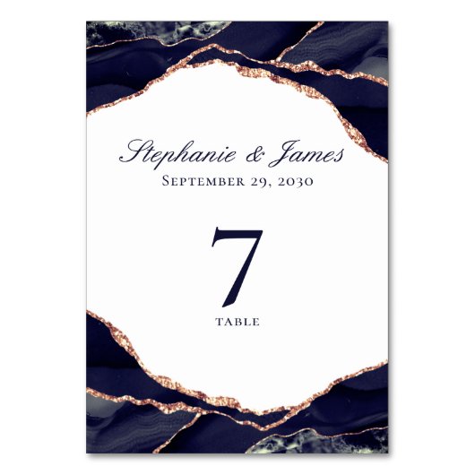 バラエレガントゴールドフォイルネイビーブルーアゲート結婚ズ テーブルナンバー (正面)