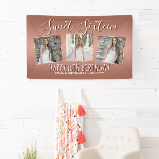 バラエレガントゴールドフォイルフォトコラージュ16誕生日 横断幕 (インサイチュ)