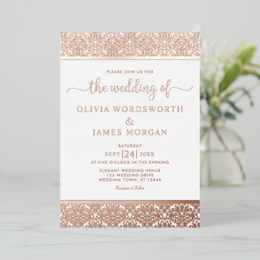 バラエレガントゴールドフォイルホワイトダマスクウェディング 箔招待状 (立ち正面)