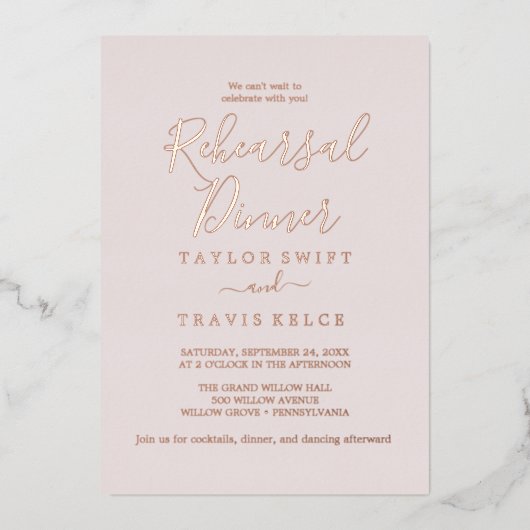 バラエレガントゴールドフォイル | 赤面リハーサルディナー 箔招待状 (正面)