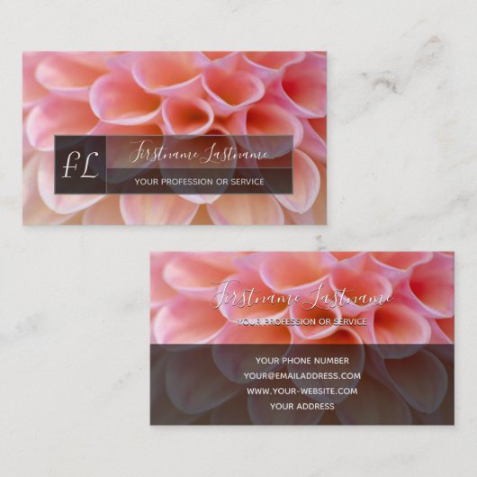 バラエレガントダリア花灰色長方形モノグラム 名刺 (正面/裏面)