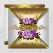 バラエレガントパープルホワイト金ゴールド誕生日パーティー 招待状 (正面/裏面)