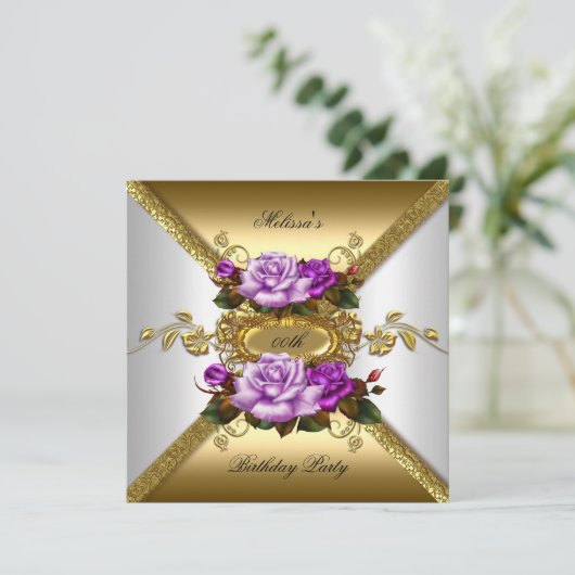 バラエレガントパープルホワイト金ゴールド誕生日パーティー 招待状 (スタンド正面)