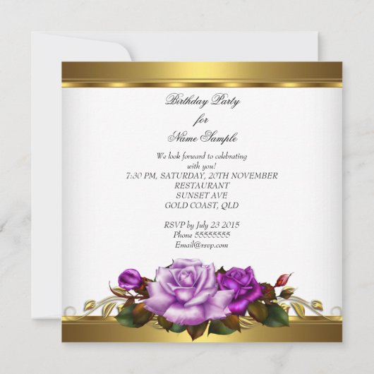 バラエレガントパープルホワイト金ゴールド誕生日パーティー 招待状 (裏面)