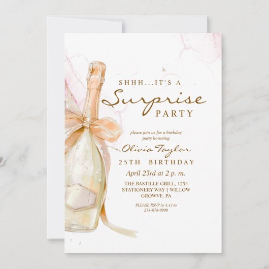 バラエレガントピンクシャンパン誕生日テーマ 招待状 (正面)