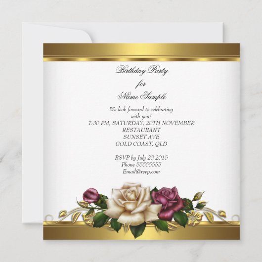 バラエレガントピンクホワイト金ゴールド誕生日パーティー2 招待状 (裏面)