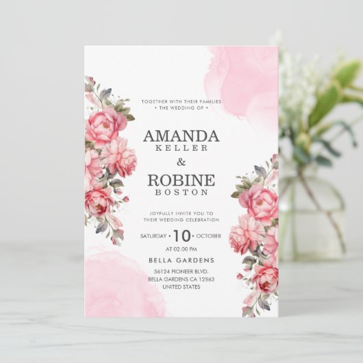 バラエレガントピンクボタニカル結婚式招待状 招待状 (スタンド正面)