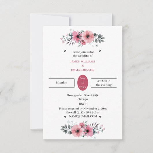 バラエレガントフラワーカスタムウェディング 招待状 (正面)