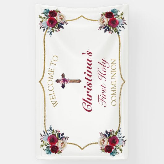 バラエレガントフローラ金ゴールドファーストホーリーコミュニオン 横断幕 (縦)