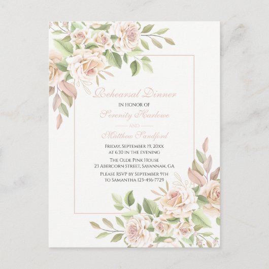 バラエレガント赤面ピンクフローラリハーサルディナーI インビテーションポストカード (正面)