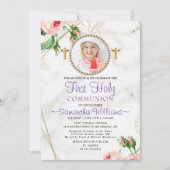 バラエレガント赤面大理石ファーストコミュニオン 招待状 (正面)