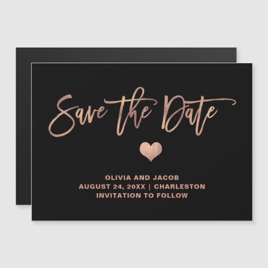 バラエレガント金ゴールドが黒でハートを保存 マグネット招待状 (正面/裏面)