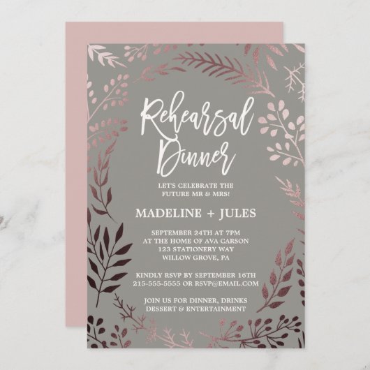 バラエレガント金ゴールドとグレーリハーサルディナー 招待状 (正面/裏面)