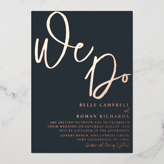 バラエレガント金ゴールドとダークブルーの「私たちは行う結婚」 箔招待状 (正面)