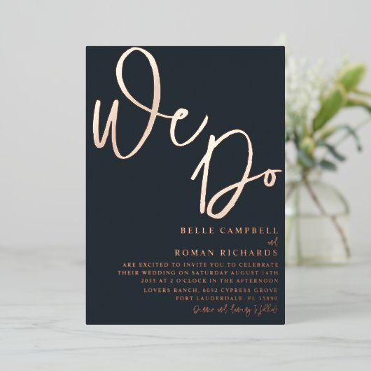 バラエレガント金ゴールドとダークブルーの「私たちは行う結婚」 箔招待状 (立ち正面)