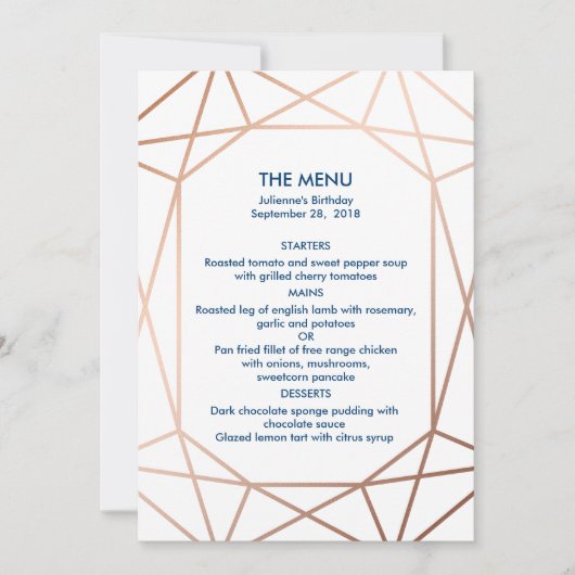 バラエレガント金ゴールドとネイビーブルージオメトリメニュー 招待状 (正面)