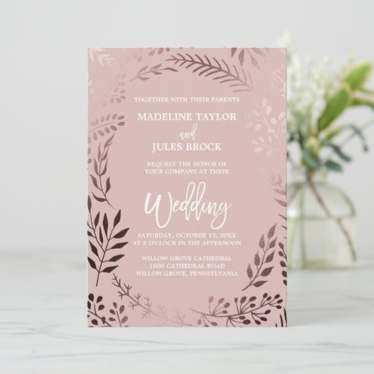 バラエレガント金ゴールドとピンクの葉が一つ結婚に 招待状 (スタンド正面)