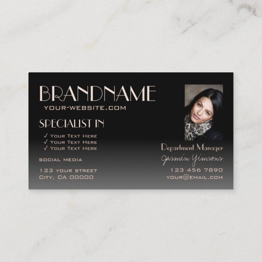 バラエレガント金ゴールドと写真付きブラック鏡フォント 名刺 (裏面)