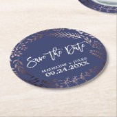 バラエレガント金ゴールドと海軍の結婚式の日付を保存 ラウンドペーパーコースター (アングル)