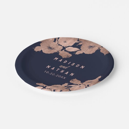 バラエレガント金ゴールドと海軍フローラズ結婚ナプキン ペーパープレート (アングル)