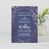 バラエレガント金ゴールドと海軍 |リーフフレーム結婚ズ 招待状 (スタンド正面)