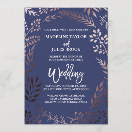 バラエレガント金ゴールドと海軍 |リーフフレーム結婚ズ 招待状