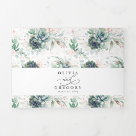 バラエレガント金ゴールドは緑の実を結婚吸う 三つ折り招待状