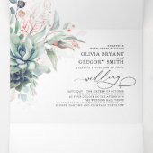 バラエレガント金ゴールドは緑の実を結婚吸う 三つ折り招待状 (内部中)