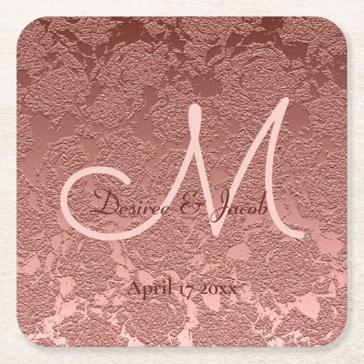 バラエレガント金ゴールドウェディングレセプションモノグラム スクエアペーパーコースター (正面)