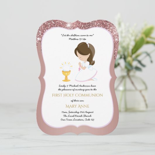 バラエレガント金ゴールドガールズファースト聖餐式 招待状 (スタンド正面)