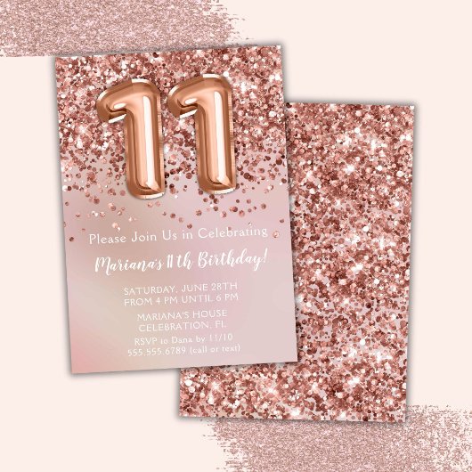 バラエレガント金ゴールドキッズガール11th誕生日パーティー 招待状