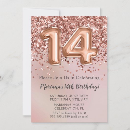 バラエレガント金ゴールドキッズガール14th誕生日パーティーin 招待状 (正面)