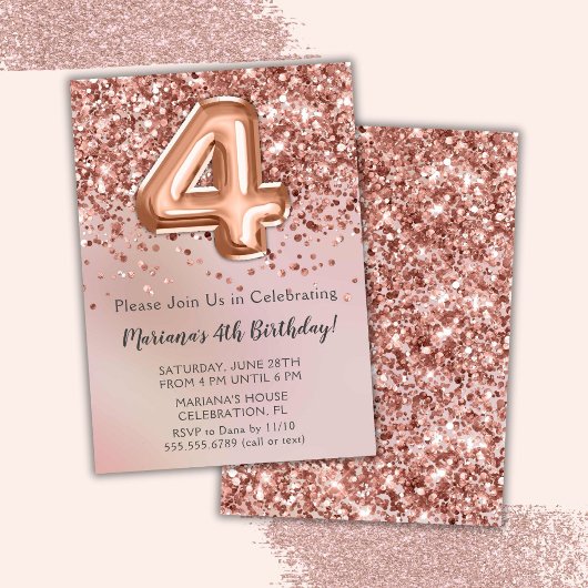 バラエレガント金ゴールドキッズガール4th誕生日パーティーInv 招待状