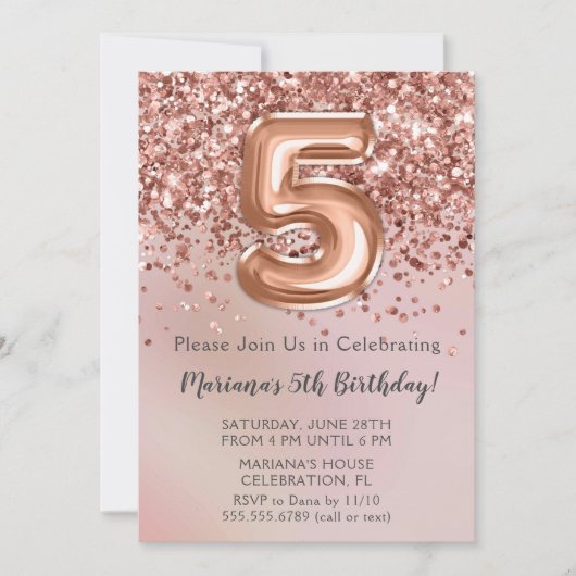 バラエレガント金ゴールドキッズガール5th誕生日パーティーInv 招待状 (正面)