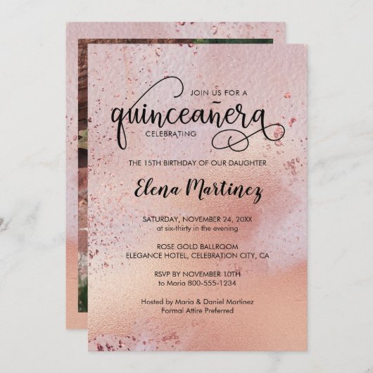 バラエレガント金ゴールドキンセアニェラ写真 招待状 (正面/裏面)