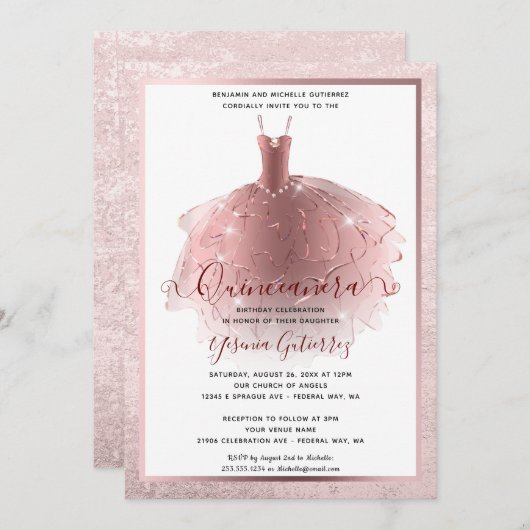 バラエレガント金ゴールドキンセアニラドレス 招待状 (正面/裏面)