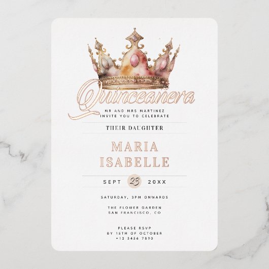 バラエレガント金ゴールドクラウンキンセアニラパーティー 箔招待状 (正面)