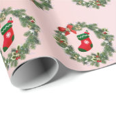 バラエレガント金ゴールドクリスマスソックス&リースパターン ラッピングペーパー (ロールコーナー)