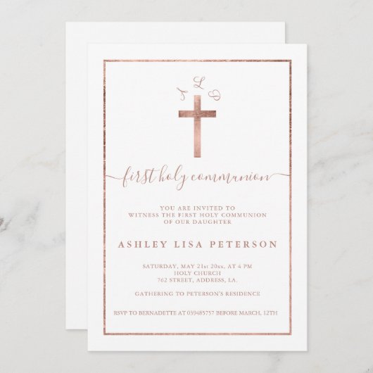 バラエレガント金ゴールドクロスモノグラム第1聖体 招待状 (正面/裏面)