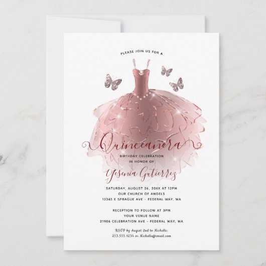 バラエレガント金ゴールドグリッターキンセアニラドレス 招待状 (正面)