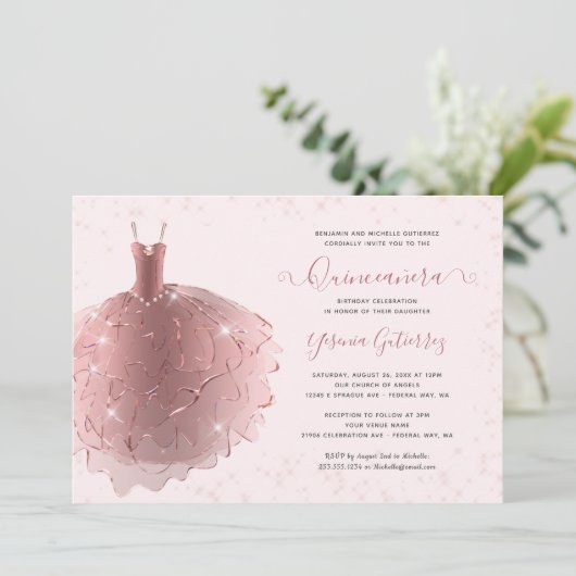 バラエレガント金ゴールドグリッターキンセアニラドレス 招待状 (スタンド正面)