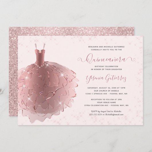 バラエレガント金ゴールドグリッターキンセアニラドレス 招待状 (正面/裏面)