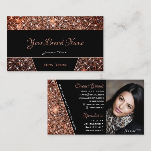 バラエレガント金ゴールドグリッタースパークルブラック（写真付） 名刺 (正面/裏面)